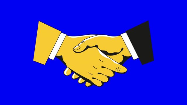 Business handshake illustration featuring two professional hands joining together against a solid blue background with stylized graphic illustration sleeves performing handshake yellow hands black