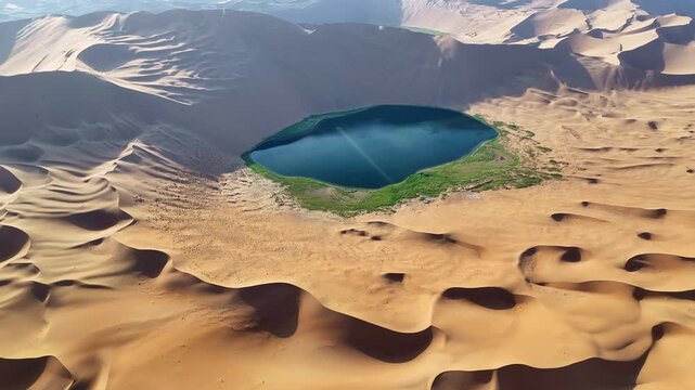 Turquoise Oasis Lake Surrounded by Golden Sand Dunes in Badain Jaran Desert, China
