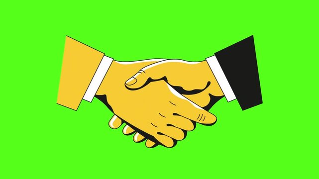 Graphic illustration featuring two identical handshakes against a vibrant solid green screen background setting with business handshakes positioned repeating graphic animation opposite sides with deal