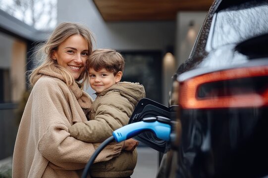 Parent holding child in a tender protective embrace beside a plugged-in electric car outside a modern home on a chilly day