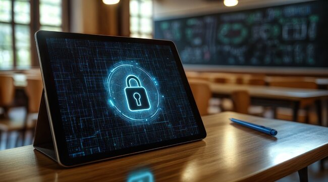 tablet showing a glowing digital padlock on a wooden school desk with a blue pen in an empty classroom, chalkboard and sunlit windows in background, conveying a secure protective mood