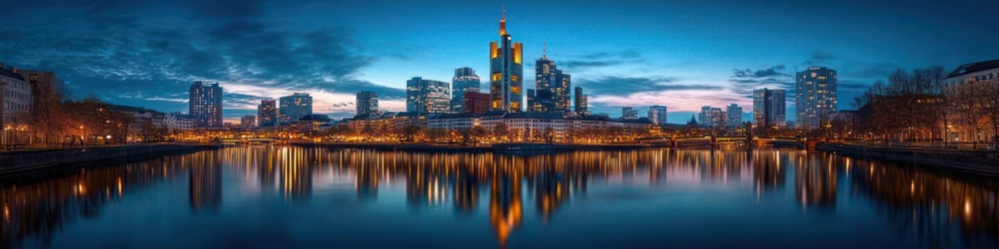 Panoramic modern city skyline at dusk with illuminated skyscrapers, bridges and waterfront trees reflected in a calm river, warm glowing lights and tranquil evening mood