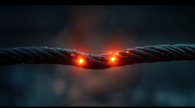 Close-up of a fraying steel cable with glowing hot spots, sparks and smoke, conveying intense tension, danger and imminent break