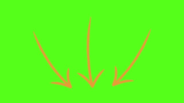 Three sets of hand drawn orange arrows pointing downward against vibrant solid green background surface with displays three distinct arrows point downwards set against bright green chroma key art