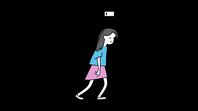 Depressed girl walking slowly with slumped shoulders and sad facial expression animated character concept with illustrating feelings depression depression exhaustion fatigue video animated downcast