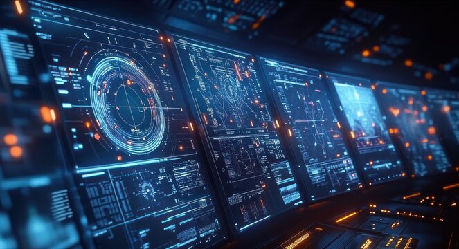 High-tech command console with row of glowing monitors showing circular radar graphics, maps, schematics and data panels, pulsing blue and orange light, intense focused mood