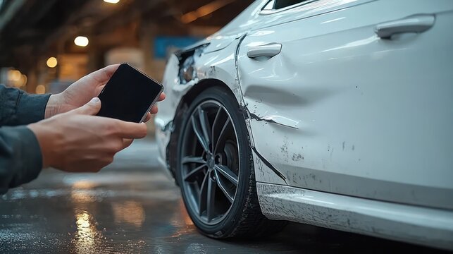 hands holding smartphone photographing dented white car rear quarter with scraped paint and damaged wheel in wet indoor parking garage, concerned tense mood
