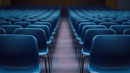 Naklejka premium Empty rows of blue molded chairs in a dim auditorium with central aisle, symmetrical perspective conveying calm anticipation and quiet solitude
