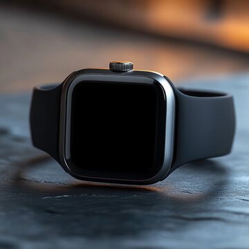 Sleek modern smartwatch with black screen and metal case on textured stone surface, silicone band and crown detail, warm soft bokeh background, minimalist luxury mood
