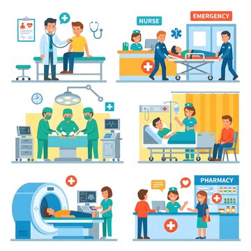 Flat Design Hospital Interior Vector Illustration with Reception Desk, Emergency Room, and Pharmacy
