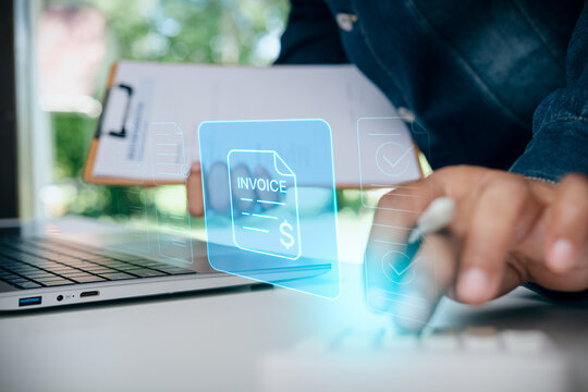 Business professional using calculator at office desk with digital invoice and document workflow holographic graphics, concept of electronic billing, online accounting, financial payment processing.