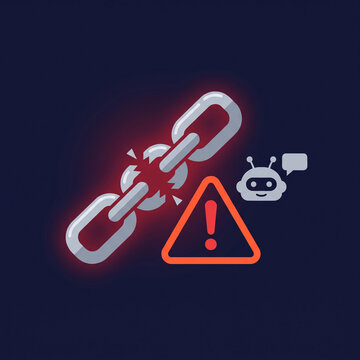 Flat vector icon representing artificial intelligence jailbreak security threat featuring a broken metal chain link, a warning triangle, and a small chatbot on dark background
