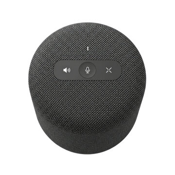 Close Up Shot of Audio Speaker Device Featuring Volume Control and Microphone Mute Buttons Against Transparent Background