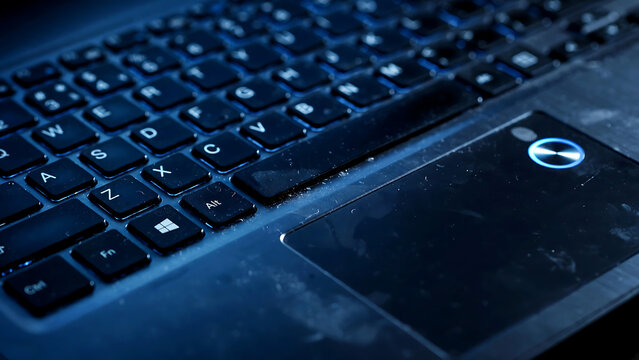 Close-up of a modern laptop keyboard and touchpad with blue ambient lighting