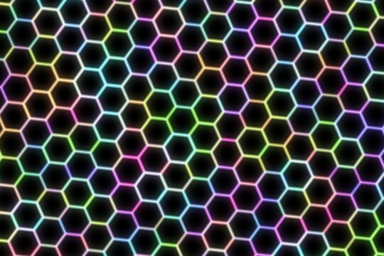 Colorful hexagon pattern with glowing neon lines on black background