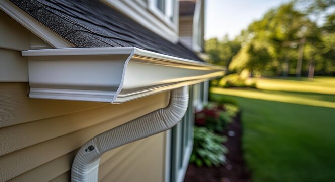 close-up of white rain gutter and curved downspout on beige house siding and shingled roof with tidy landscaped lawn and sunlit trees, conveying a well-maintained suburban home