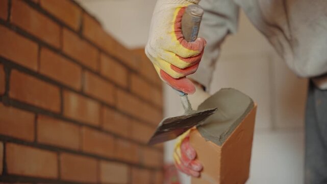 Bricklayer applying mortar to brick with trowel