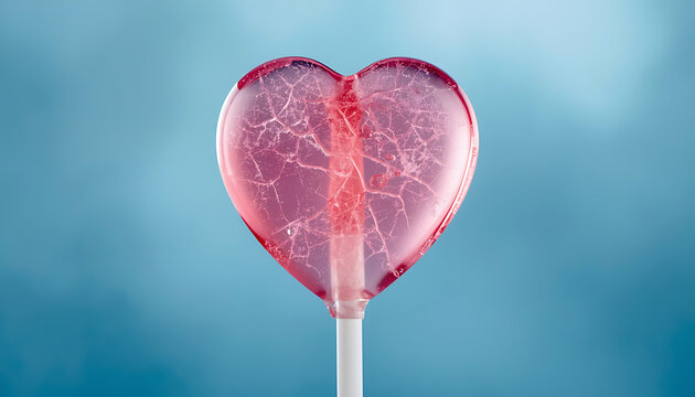 The image features a translucent, heart-shaped red candy lollipop on a white stick against a soft blue background
