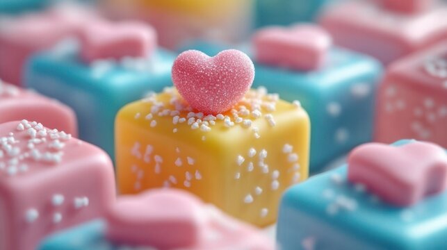 close-up of pastel bite-sized square candies with icing and tiny white sprinkles topped by a pink sugar heart, evoking a sweet playful romantic mood