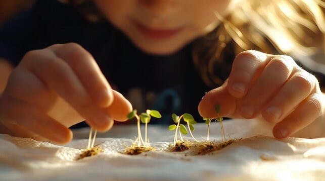 child's hands gently tending tiny green seedlings sprouting from soil on a paper towel in warm sunlight, conveying curiosity, care and quiet concentration