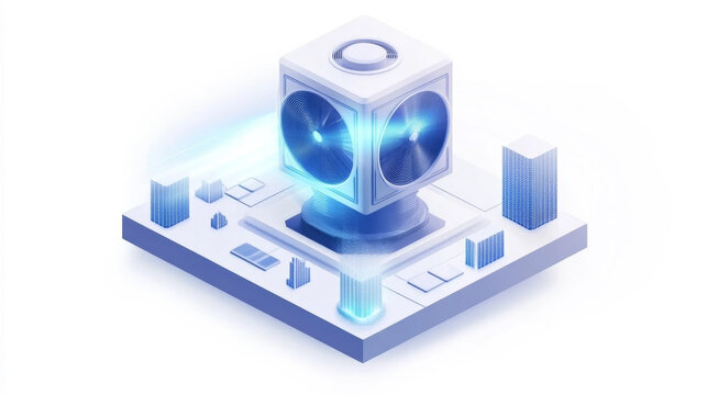 Isometric 3D illustration of a futuristic smart city cloud computing server unit on a digital platform with buildings and glowing blue lights