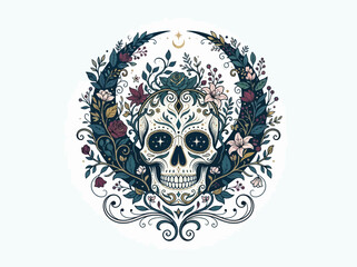Fototapeta premium Intricate sugar skull illustration adorned with floral elements and celestial moon motifs.