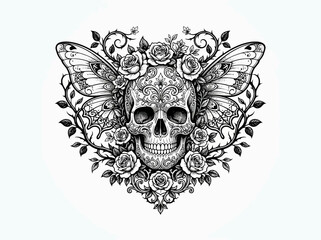 Obraz premium Intricate black and white illustration of a skull adorned with butterfly wings and roses.