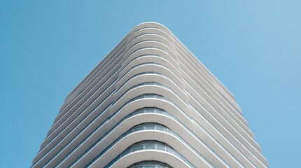 Low angle view of a modern highrise building with curved white balconies against a clear blue sky
