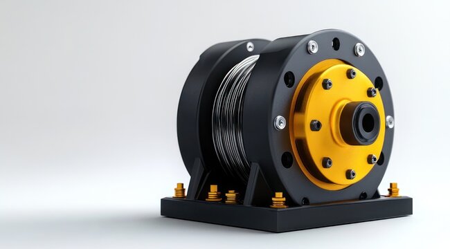 sleek industrial cable drum spool with wound steel wire on black mount and golden bolted flange photographed on a clean white background conveying precision and durability