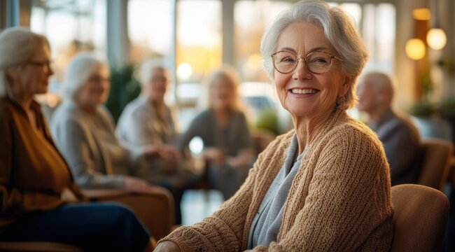 Older adults seated in a cozy common room, a woman in a knitted cardigan in the foreground sharing a calm, reflective moment of companionship with a small group