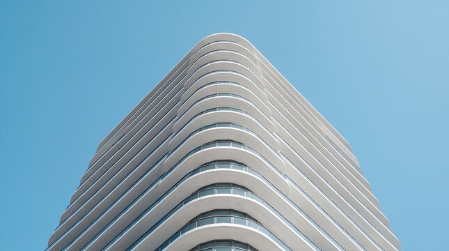 Low angle view of a modern highrise building with curved white balconies against a clear blue sky