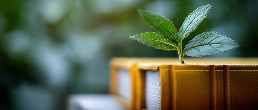 young green seedling sprouting from stacked yellow books on blurred green background, evoking growth, knowledge and hope