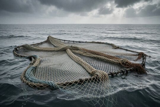 Abandoned fishing net floats on dark ocean water under stormy clouds. Marine debris causes pollution in deep sea. Overfishing waste threatens ocean life and its ecosystem.