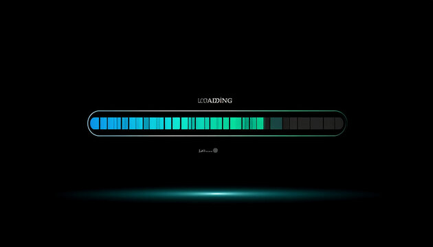 Futuristic Loading Bar with Blue and Green Gradient Progress on Black Background with Glowing Light Effect