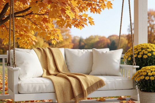 White porch swing with cushions, yellow throw, and mums. Autumn leaves overhead create a warm, inviting scene for outdoor relaxation and comfort. Enjoy season beauty.
