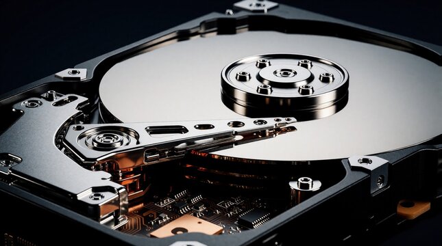 Open hard disk drive shows spinning platter circuit board and read write head mechanism. Detail view of computer storage hardware with internal components and data access tech.