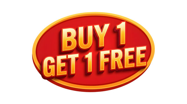 Buy 1 Get 1 Free promotional badge, red and gold retail sale sticker, discount offer sign for marketing campaigns