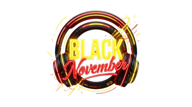Black November promotional banner with glowing headphones, neon retail sale sign, commercial marketing graphic on white background