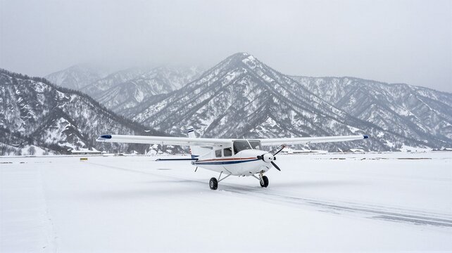 Bush Plane Landing on Snowy Mountain Airstrip