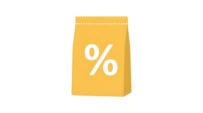 Yellow shopping bag with percent sign, discount paper bag icon, retail sale and promotion concept