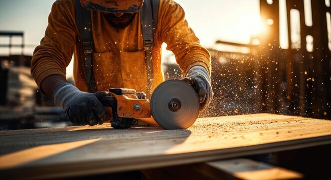 Construction worker in protective gear using a handheld grinder on a wooden plank at sunset, sparks and dust flying, focused and determined