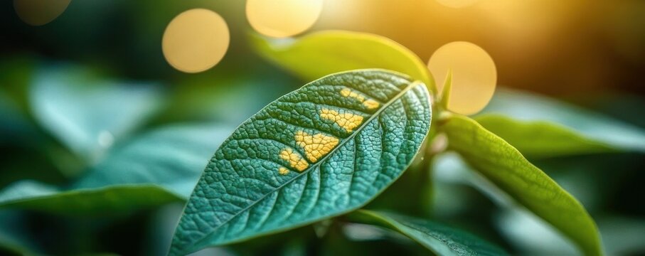 Close-up of a textured green leaf with yellow variegation and visible veins bathed in warm golden sunlight bokeh conveying a peaceful, fresh, serene mood