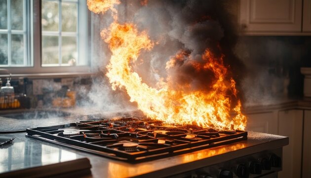intense kitchen fire with towering flames and thick black smoke rising from a gas stovetop in a modern home kitchen, conveying danger, urgency and panic