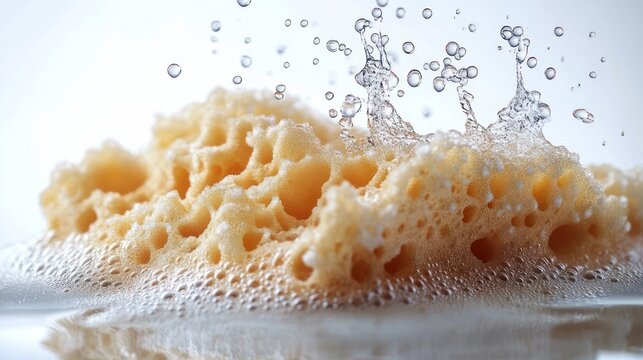 close-up of a wet yellow sponge covered in foam and bubbles with water splashing, evoking freshness and cleanliness