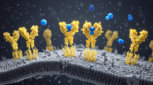 Detailed 3d scientific illustration of cell membrane receptors binding blue signaling molecules for molecular biology, cellular immune response, drug interaction, and therapeutic research