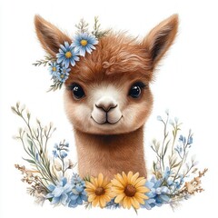 Naklejka premium adorable baby alpaca with a blue daisy crown and yellow daisies, surrounded by delicate wildflowers, soft fluffy fur and a curious gentle expression