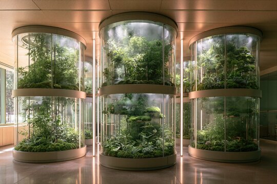 Serene modern crematorium waiting room and indoor memorial garden with lush green plants and tranquil architectural lighting