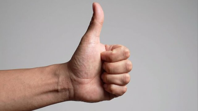 Person Giving Thumbs Up Approval Hand Gesture Against Plain Background