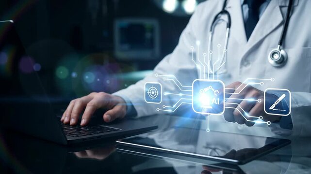 Hands of doctor typing on laptop and touching tablet for robotic surgery synchronization in dark clinic showcasing modern healthcare ai integration, photo