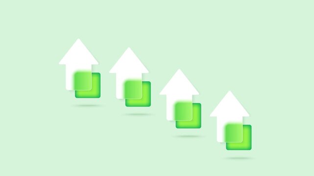 Glass effect animated template. Four transparent, frosted glass arrows with green accents